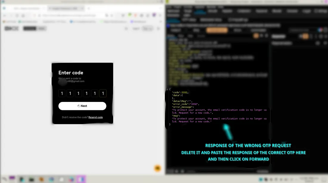 A deliberately wrong OTP while the intercepted error response is ready to be replaced in Burp Suite